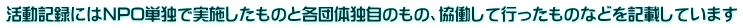 活動記録にはNPO単独で実施したものと各団体独自のもの、協働して行ったものなどを記載しています